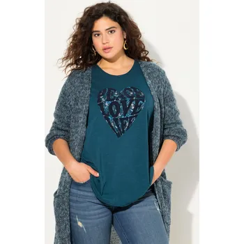 Dámské tričko Ulla Popken, Plus size Tričko, motiv srdce, A střih, výstřih do V, dlouhé rukávy pro plnoštíhlé nadměrná velikost, 831074747-1130, tyrkysový, 50/52, Nadměrné velikosti, Plus size oblečení, Oblečení pro boubelky, Oblečení pro baculky, Oblečení pro plnoštíh