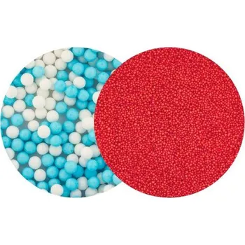 Jedlá dekorace na dort SweetArt cukrové perly modré a bílé 5 mm a máček červený (120 g) ♡