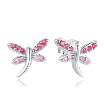 Náušnice Moonlit Stříbrné náušnice s růžovými zirkony a motivem vážky