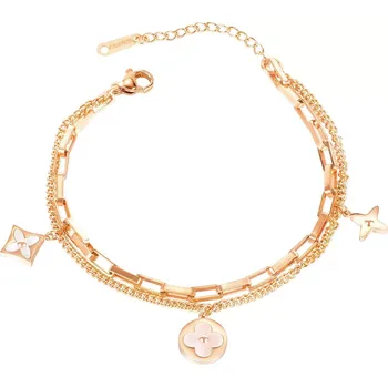 Náramek Dvojitý ocelový náramek měděné barvy - perleťové květy, hvězda