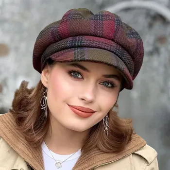 Čepice 8-dílna dámská bekovka Krumlovanka - Newsboy Cap - károvaný tvíd - fuchsie - khaki Me-B018 Vyberte velikost: M