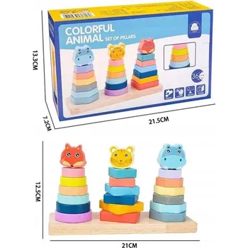 Dřevěná hračka Edukační pyramida s barevnými zvířátky