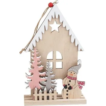 Vánoční dekorace Dřevěný domeček se sněhulákem na zavěšení 20 cm