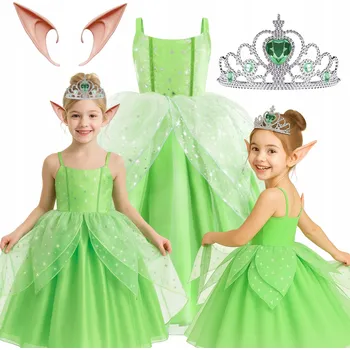 Karnevalový kostým KOSTÝM ŠATY ZVONILKA VÍLA ELF OBLEČEK MOTÝL KORUNKA UŠI 104 / 110 CM