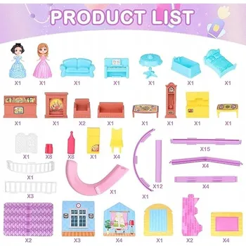 Doplněk pro panenku DeAO Domeček pro panenky, 2 patra, 4 ložnice, nábytek a figurky, růžový