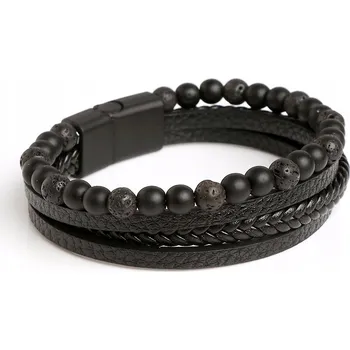 Náramek Pánský kožený náramek na ruku s lávovým kamenem a magnetickým zapínáním