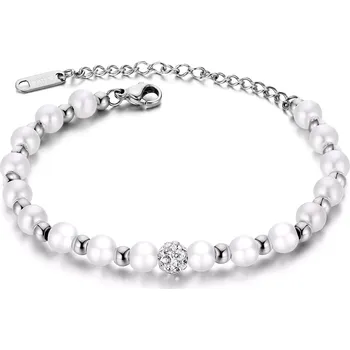 Náramek Náramek z oceli 316L - bílé perleťové korálky, korálky, čiré zirkony, stříbro
