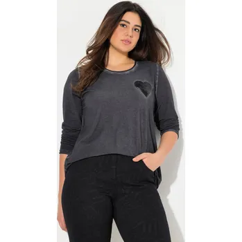 Dámské tričko Ulla Popken, Plus size Tričko, barvené, flitrové srdce, výstřih do V, dlouhé rukávy pro plnoštíhlé nadměrná velikost, 831724100-1131, šedý, 54/56, Nadměrné velikosti, Plus size oblečení, Oblečení pro boubelky, Oblečení pro baculky, Oblečení pro plnoštíhlé