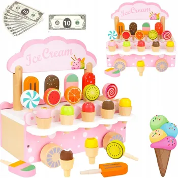 Dřevěná hračka BAREVNÁ DŘEVĚNÁ HRAČKA ZMRZLINOVÝ STÁNEK NA KOLEČKÁCH PRODEJ ZMRZLINY PENÍZE