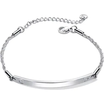 Náramek Ocelový náramek stříbrné barvy - podlouhlá známka, gravírovaná srdce, zirkony