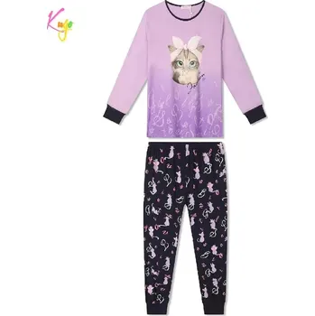 Dívčí pyžamo Dívčí pyžamo Kugo MP5866 fialovo- tm. modré (Bavlněné pyžamo pro dívky s kočkou)