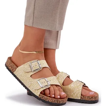 Dámské pantofle Látkové dámské NAZOUVÁKY na korkové podrážce se sponami ŽLUTÉ 39