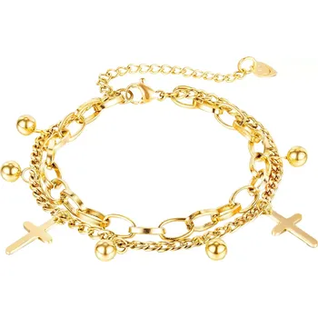 Náramek Dvojitý náramek z oceli 316L ve zlaté barvě - lesklý kříž, kuličky