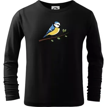 Sýkorka modřinka na větvi - Triko dětské Long Sleeve - 158 cm/12 let ( Černá )