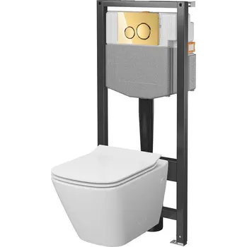 CERSANIT Podomítková sada mech 50, miska VERSO Sq, deska, knoflík LUNA zlatá S4016-001