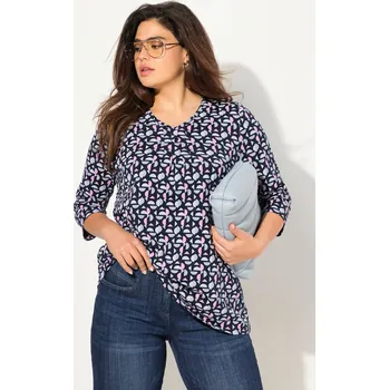 Dámské tričko Ulla Popken, Plus size Tričko, A střih, výstřih do V, ozdobné sklady, 3/4 rukávy pro plnoštíhlé nadměrná velikost, 830713130-1131, modrý, 54/56, Nadměrné velikosti, Plus size oblečení, Oblečení pro boubelky, Oblečení pro baculky, Oblečení pro plnoštíhlé, 