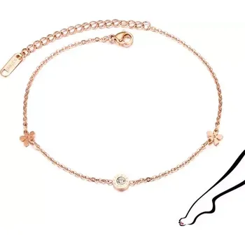 Náramek Ocelový řetízek na zápěstí nebo kotník - kvítky, kolečko se zirkonem a římskými číslicemi