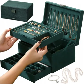 Úložný box Šperkovnice Na Bižuterii Organizér 2 úrovně Šuplík Klíč Kufřík Zelená