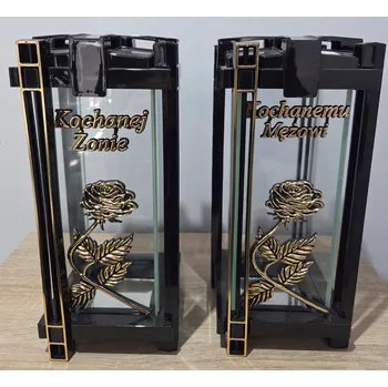 Svíčka Hřbitovní Svíčka skleněný - lucerna černá se zlatou růží, 2 kusy, 30 cm