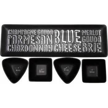 Servírovací tác a 4 misky Černá sada na sýry, dipy, malované nápisy