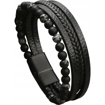 Náramek Pánský kožený náramek na ruku s kamenem Sněžný obsidián, magnetické zapínání, 23 cm