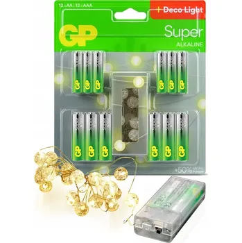 24 x baterie: 12 x AA, 12 x AAA GP Super Alkaline + LED řetěz 2 m