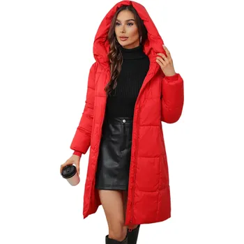 Dámská zimní bunda s kapucí s kožichem Teplá plyšová podšívka Zapínání na zip a knoflíky Kapsy Polyester a bavlna Stylová bunda do zimy červená XL