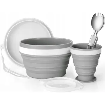 Kempingové nádobí SKLÁDACÍ KEMPINGOVÁ SADA NÁDOBÍ - HRNEK, MISKA, LŽÍCE - NEREZOVÁ OCEL