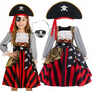 Karnevalový kostým KOSTÝM PŘEVLEK PIRÁTKA PIRÁTSKÝ KOSTÝM KLOBOUK NA PLES 128 134