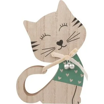 Kočka v zeleném dřevěná na postavení 12 x 18 x 2 cm