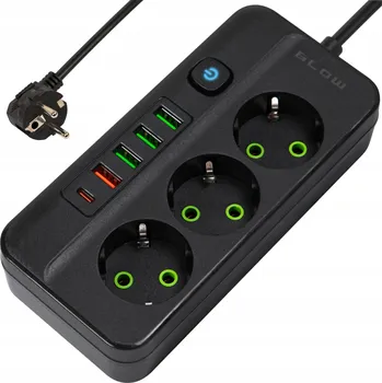 Napájecí kabel PRODLUŽOVACÍ KABEL ZÁSUVKOVÁ LIŠTA VYPÍNAČ 4x USB 3 ZÁSUVKY 3 m UZEMNĚNÍ ČERNÝ