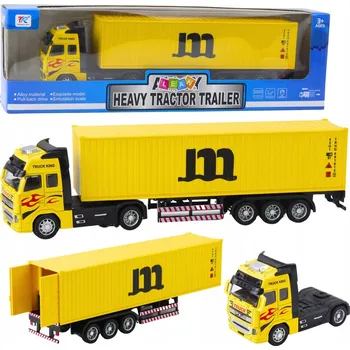 autíčko Nákladní auto s kontejnerem, kovová kabina, natahovací pohon (Pull Back), žluté