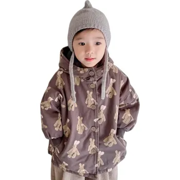 Dívčí bunda Dětská zimní bunda s kapucí Zapínání na knoflíky Kapsy Teplá bavlněná bunda s motivy králíků Hřejivý zimní kabátek pro děti hnědá 6-12 měsíců