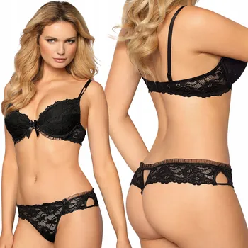 Podprsenka Krajková souprava: Push-Up podprsenka + Tanga Sexy Carmen 75A + M Černá