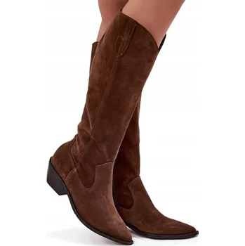 Dámské kozačky KOZAČKY KOVBOJSKÉ BOTY DÁMSKÉ SEMIŠOVÉ ZATEPLENÉ NA ZIP ZAZOO 4225 HNĚDÉ 36