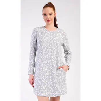 Dámská noční košile Vienetta Dámské domácí šaty s dlouhým rukávem Flowers Barva: Šedá, Velikost: L