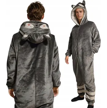 Pánské pyžamo Teplá Kombinéza s kapucí na Zip Velurová Jezevec Šedá XXL