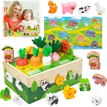 Dřevěná hračka DŘEVĚNÝ MONTESSORI TŘÍDIČ KOSTEK FARMA SKLÁDAČKA VOZÍK SADA