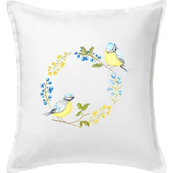Polštář Sýkorky na kruhu z květin - Polštář 50x50 - 50x50 - Včetně výplně ( Bílá )