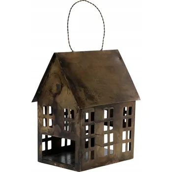 Svícen SVÍCEN lucerna DOMEČEK kovový zlatý výška 17 cm