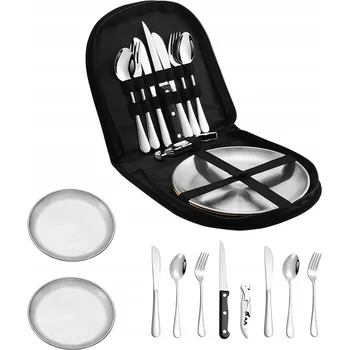 Příbor Sada nerezových příborů a cestovních talířů v pouzdře 11 ks
