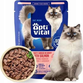 Krmivo pro kočku MOKRÉ KRMIVO PRO KOČKY OPTIVITAL TRHANÉ KOUSKY S LOSOSEM V OMÁČCE 85G
