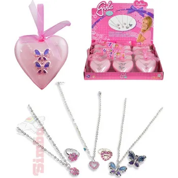 Náhrdelník SIMBA Set prstýnek + náhrdelník dětská bižuterie v doze srdíčko plast různé druhy