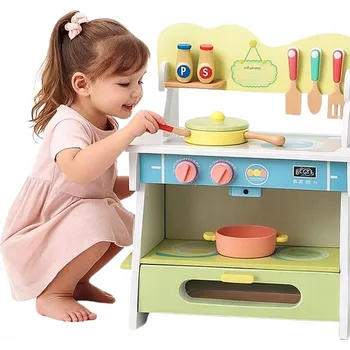 Dřevěná hračka Mini DŘEVĚNÁ KUCHYŇKA pro Děti EDUKATIVNÍ s PŘÍSLUŠENSTVÍM MSN21027B ZELENÁ