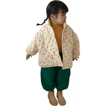 Dívčí zimní bunda Zapínání na knoflíky Kapsy Teplá bavlněná zimní bunda s motivy třešní Stylový hřejivý kabátek pro děti Roztomilý třešňový vzor 8