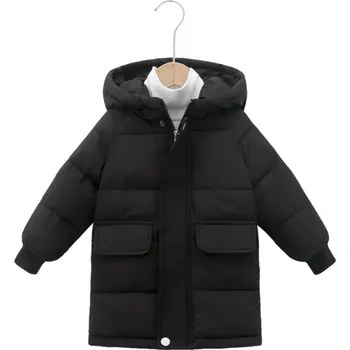 Dívčí bunda Dětská zimní bunda jednobarevná S kapucí Zapínání na zip a patenty Kapsy Teplá bavlněno-polyesterová zimní bunda pro děti Pohodlný kabátek černá 4