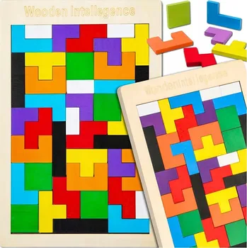 Dřevěná hračka STAVEBNICE PUZZLE DŘEVĚNÉ MONTESSORI TETRIS SKLÁDAČKA SADA LOGICKÁ HRA