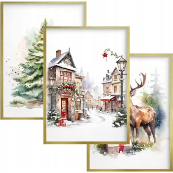 Obraz Vánoční plakáty ve zlatém rámu do obývacího pokoje, ložnice - Vánoční obrázky, zima