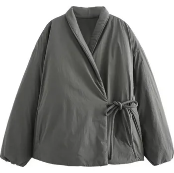 Dámská bunda Dámská zimní bunda s výstřihem do V Elegantní bunda z polyesteru Zavazování na boční tkaničku Pohodlný střih Stylový zimní kabátek šedá L