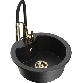 Granitový dřez MEXEN/S - Diego granitový dřez 1-miska včetně baterie Aster, černá/stříbrná metalik 6512-73-73450-57-G